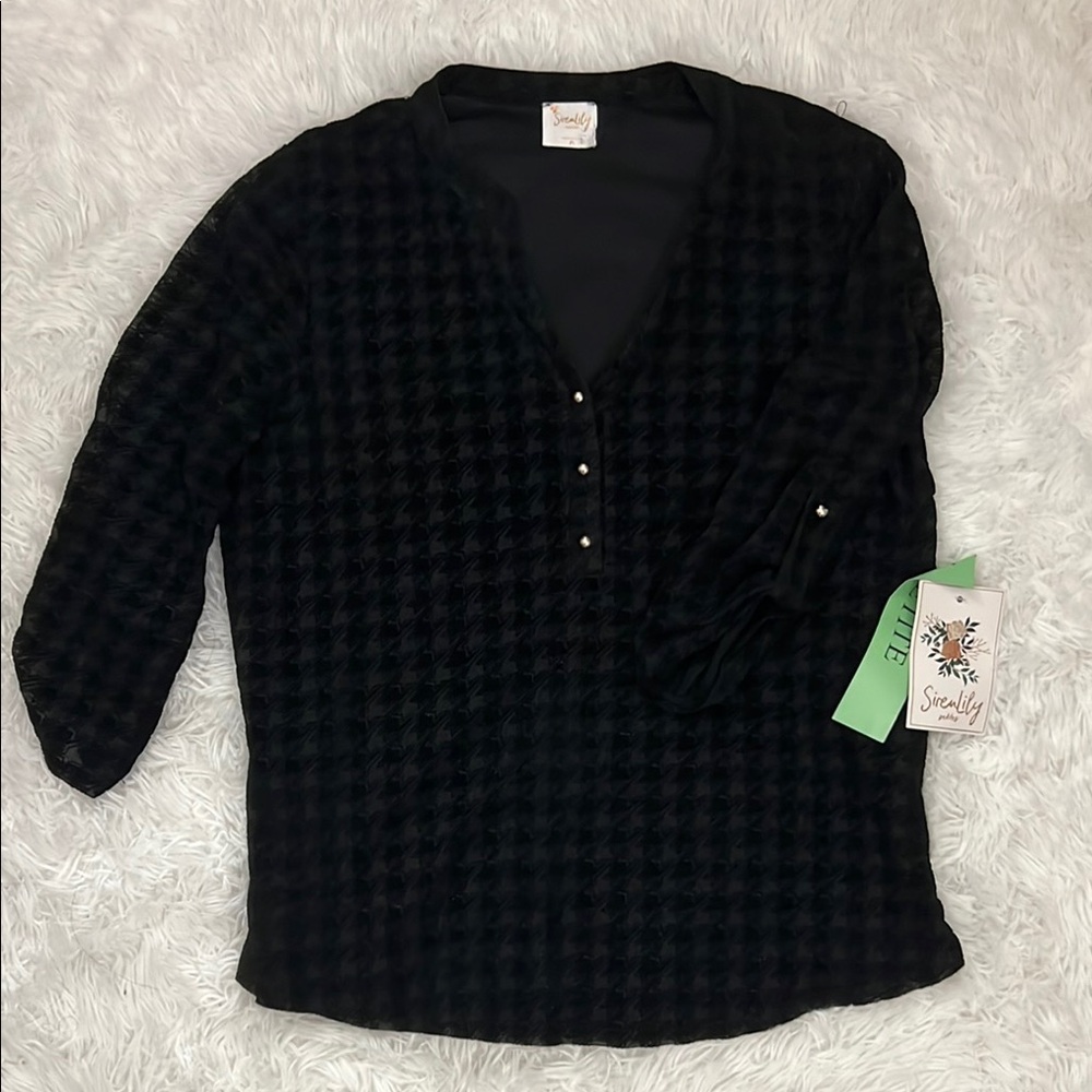 Black Houndstooth Blouse with Button Details